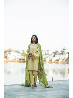 IMROZ HOUSE - Olive & Gold Kaira Tissue Kurta with Pant & Dupatta (Set of 3)