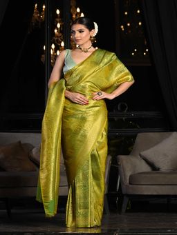 Beatitude - Green and Gold Nylon Silk Kanjivaram Woven Saree with Unstitched Blouse