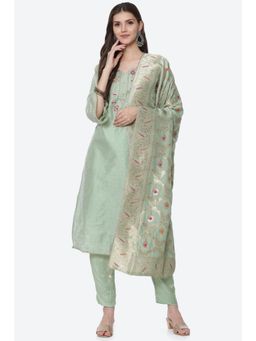 Biba - Green Chanderi Unstitched Suit (Set of 3)