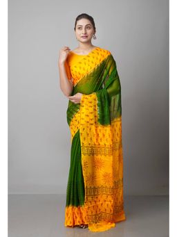 Unnati Silks - Green Yellow Diamond Chiffon Rapid Hand Block Printed Silk Saree with Unstitched Blouse