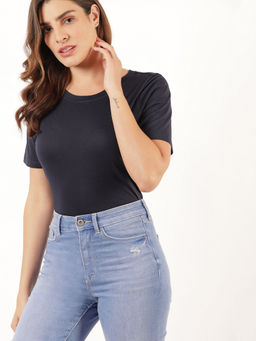 Marks & Spencer - Navy Blue Cotton Mix Plain Round Neck T-Shirt