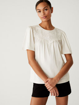 Marks & Spencer - Off White Jersey Embroidered Regular Fit Top