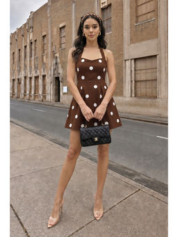 All Eyes On You - AEOY Espresso Brown Polka Halter Dress