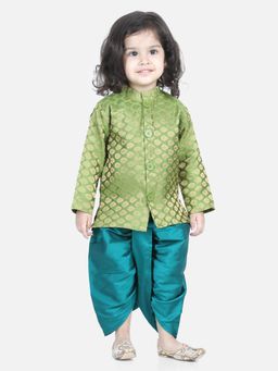 BownBee - Jacquard Full Sleeve Sherwani Dhoti for Boys - Green (Set of 2)