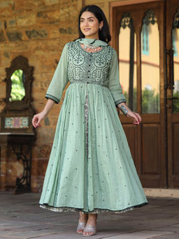 Juniper - Green & Black Cotton Embroidered Anarkali Dress With Jacket & Tie-Dye Dupatta