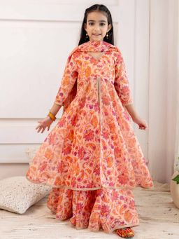 Cutiediva - Organza Open Front Kurta with Skirt & Dupatta (Set of 3)
