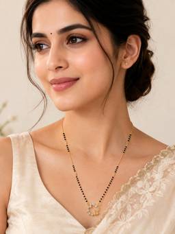 ABHUSHANAM - Women'S Gold-Tone Crystal Floral Black Bead Mangalsutra