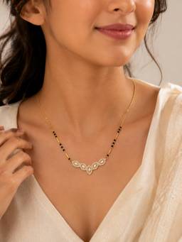 ABHUSHANAM - Women'S Gold-Tone Crystal Leaf Black Bead Mangalsutra