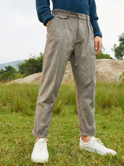 Campus Sutra - Mens Antique Grey Velvet Pleated Trouser