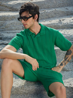 Campus Sutra - Mens Shamrock Green Stripes Knit Co-Ord (Set of 2)