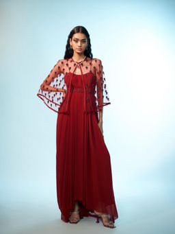 Anjali Kanwar - Red Embellished/Sequined Chara Cape with Dress and Belt (Set of 3)