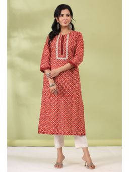 Rain & Rainbow - Women Maroon Ethnic Motifs Cotton Printed Straight Kurta