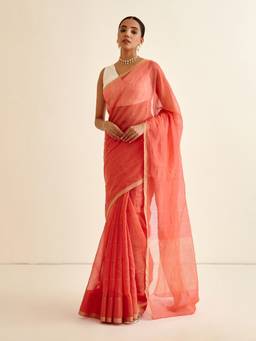 Abhishti - Coral Pink Banarasi Woven Zari Plaid Pattered Sari with Unstitched Blouse