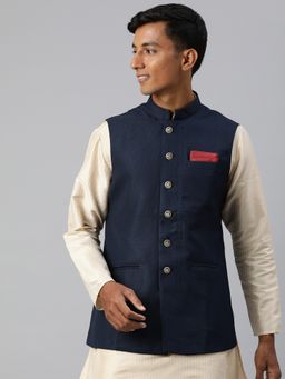 Manthan - Navy Blue Woven Blended Rayon Sleeveless Nehru Jacket
