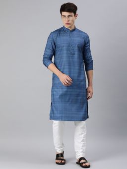Manthan - Navy Blue Printed Blended Cotton Full Sleeves Kurta (Set of 2)