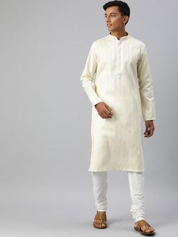 Manthan - Cream Embroidered Blended Cotton Full Sleeves Kurta (Set of 2)