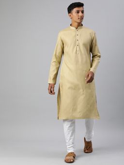 Manthan - Fawn Beige Embroidered Cotton Full Sleeves Kurta (Set of 2)