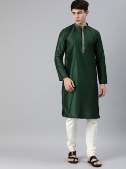 Manthan - Green Solid Art Silk Full Sleeves Kurta (Set of 2)