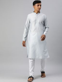 Manthan - Grey Solid Art Silk Full Sleeves Kurta (Set of 2)