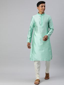 Manthan - Green Thread Work Art Silk Full Sleeves Kurta (Set of 2)
