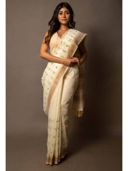 Unnati Silks - Cream Cross Stitched Embroidered Sico Saree with Unstitched Blouse
