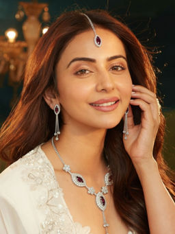 Accessher - Silver Maroon American Diamond Necklace with Earrings & Maangtikka