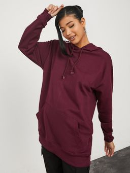Styli - Burgundy Longline Be Kind Slogan Regular Fit Hoodie