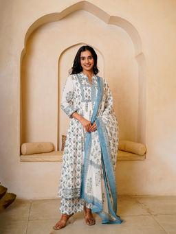 Kamodinee - Azure Blue Bloom Anarkali Kurta With Pant & Dupatta