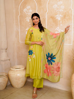 Kamodinee - Garden Green Floral Kurta With Pant & Dupatta