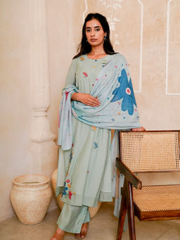 Kamodinee - Sea Blue Garden Floral Kurta With Pant & Dupatta
