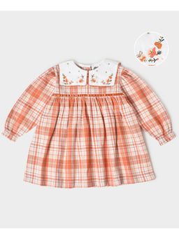 Mi Arcus - Check Printed Peach Knee Length Dress for Girls