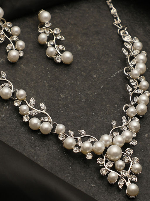 Sohi Silver Plated White Pearls Studdded Jewellery (Set of 2)