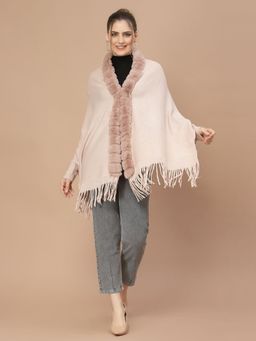 Mafadeny - Women Solid Long Sleeves V-Neck Viscose Peach Blue Poncho