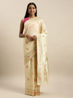 Sangam Prints - Cream Jacquard Silk Jacquard Work Saree with Unstitched Blouse with Unstitched