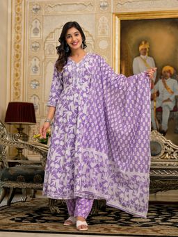 Juniper - Lavender Floral Printed Rayon Kurta & Pant with Dupatta (Set of 3)