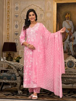 Juniper - Pink Floral Printed Rayon Kurta & Pant with Dupatta (Set of 3)