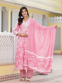 Juniper - Pink Floral Printed Rayon Kurta & Pant with Dupatta (Set of 3)