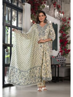 Juniper - Grey Floral Printed Rayon Kurta & Pant with Dupatta (Set of 3)