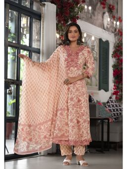 Juniper - Red Floral Printed Rayon Kurta & Pant with Dupatta (Set of 3)