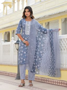 Juniper - Grey Ethnic Motif Printed Cotton Kurta & Pant with Dupatta (Set of 3)