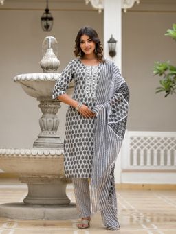 Juniper - Grey Ethnic Motif Printed Cotton Kurta & Pant with Dupatta (Set of 3)