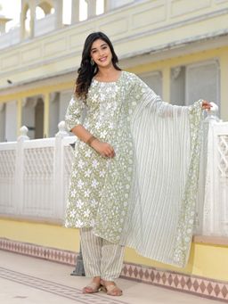 Juniper - Green Floral Printed Cotton Kurta & Pant with Dupatta (Set of 3)