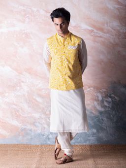 Vama Asher - Canary Yellow Pomegranate Nehru Jacket & Kurta with Churidar (Set of 3)