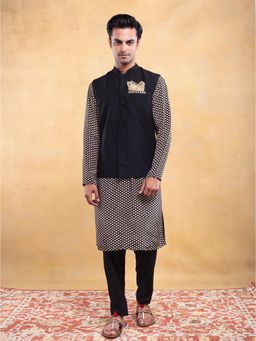 Vama Asher - Black Printed Nehru Jacket & Kurta with Pant (Set of 3)
