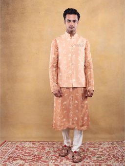 Vama Asher - Rust Palm Print Nehru Jacket & Kurta with Pant (Set of 3)