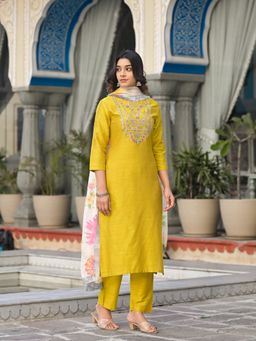 Varanga - Women Yellow Embroidered Kurta with Tonal Pant & Printed Dupatta (Set of 3)