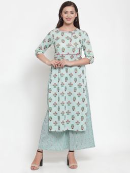 Indibelle - Sea Green Cotton Foil Print Straight Kurta