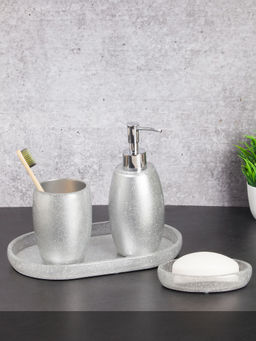OBSESSIONS - Set of 4 Pc Polyresin Bathroom Set, Silver