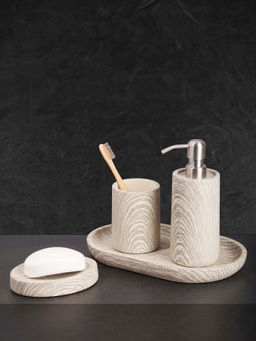 OBSESSIONS - Set of 4 Pc Polyresin Bathroom Set, Grey Beige