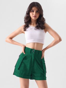 The Souled Store - Corduroy Shorts: Antique Green High Waist Shorts for Womens